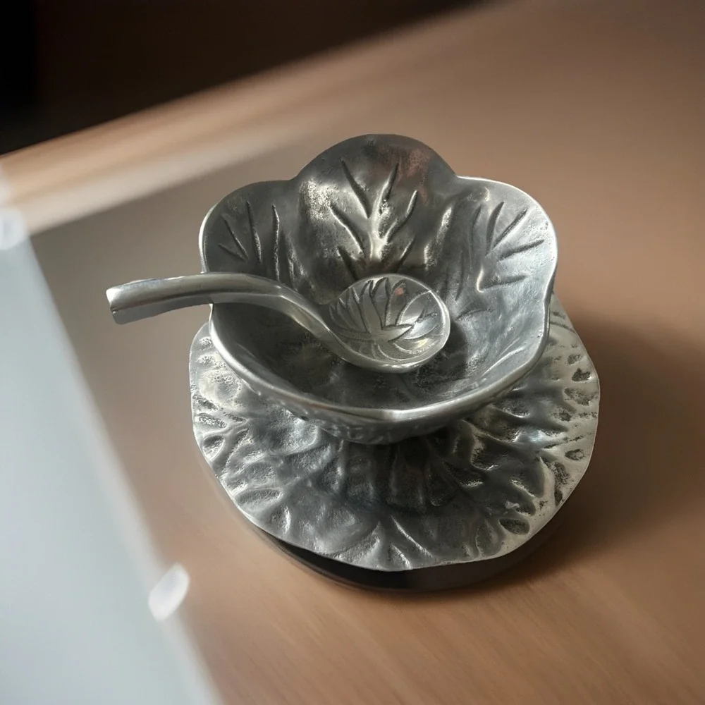 Vintage Cabbage Leaf Bowl, Saucer, And Spoon Aluminum Serving Set India